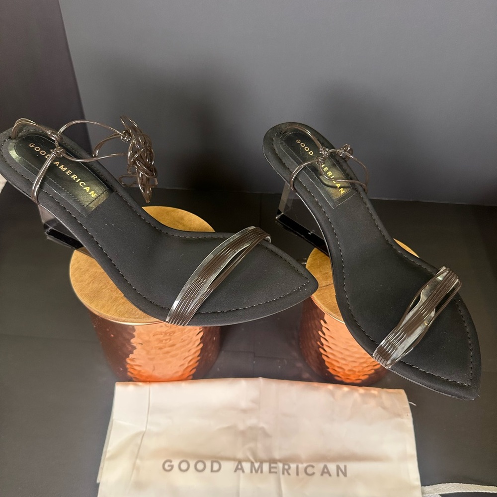 Good American Women’s‎ Black Neoprene Pointy Toe Strappy Clear Heel Shoes size 9 - Picture 7 of 10